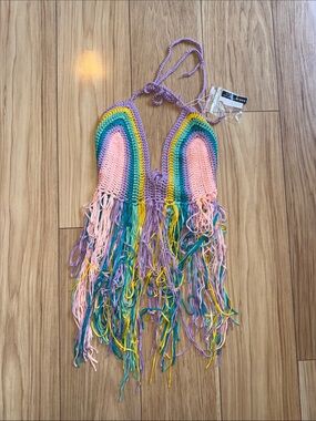 NWT Rainbow Crochet Fringe Top - Pink & Multicolor